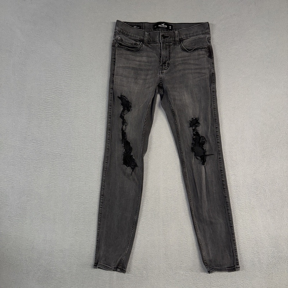 Hollister Jeans Mens 29x32 (Fits 29x29) Black Skinny Stretch Distressed Denim